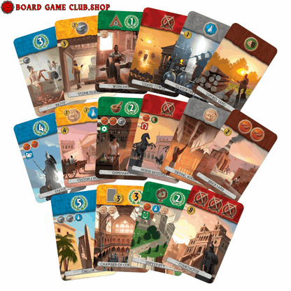 Colorful cards from the 7 Wonders Duel Board Game showcasing various resources and buildings