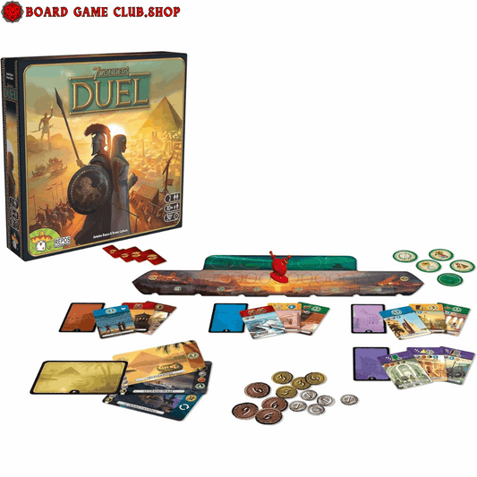 7 Wonders Duel Board Game with game board, cards, tokens, and expansion pieces for strategic gameplay