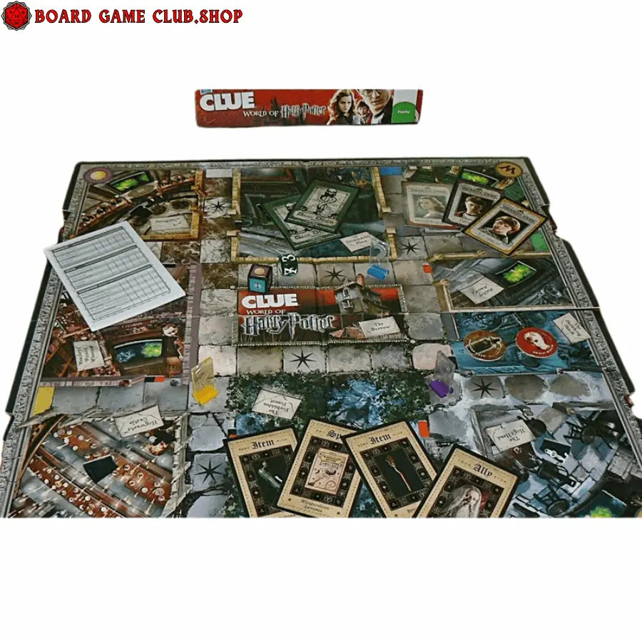 Clue Harry Potter board game layout with game pieces and cards on a detailed game board