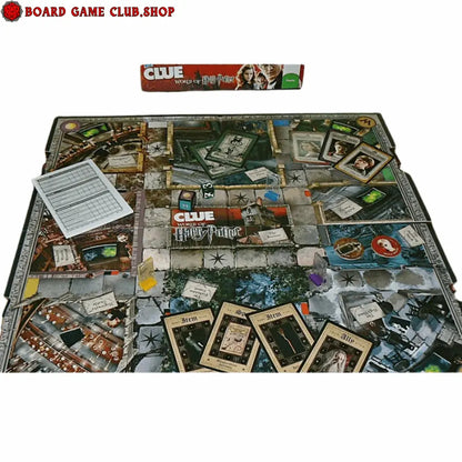 Clue Harry Potter board game layout with game pieces and cards on a detailed game board