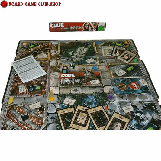 Clue Harry Potter board game layout with game pieces and cards on a detailed game board