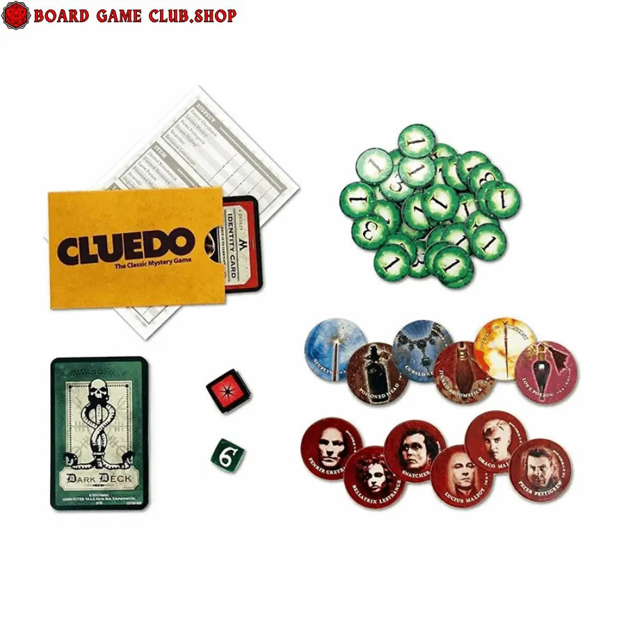 Clue Harry Potter board game contents including cards, tokens, and game pieces for fans of mystery