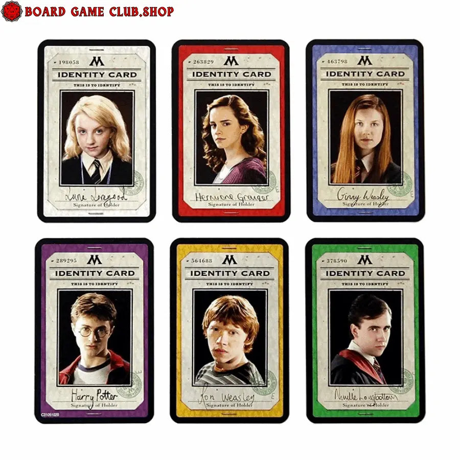 Clue Harry Potter character identity cards featuring Hermione, Ron, and Harry with unique designs