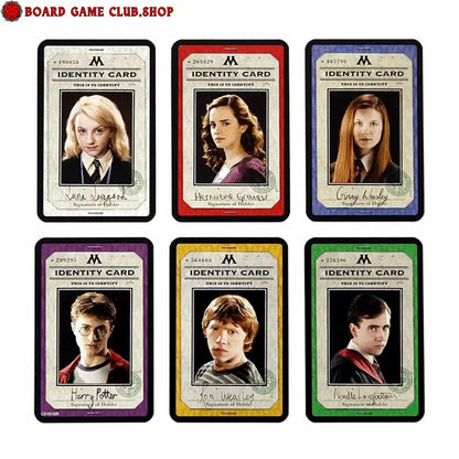 Clue Harry Potter character identity cards featuring Hermione, Ron, and Harry with unique designs