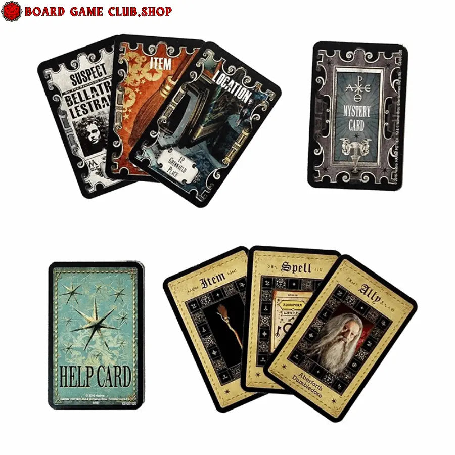 Clue Harry Potter board game cards including suspects, items, locations, and mystery elements