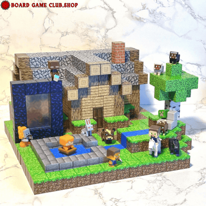 Minecraft Magnetic Blocks set featuring a detailed village scene with characters and animals