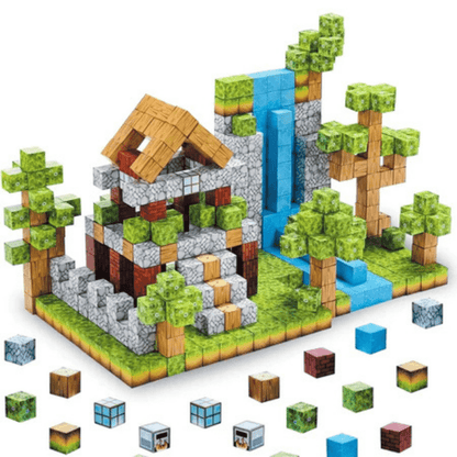 Colorful Minecraft Magnetic Blocks for creative building and imaginative play with trees and water features
