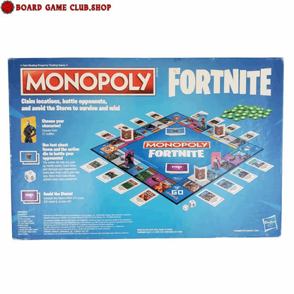 Monopoly Fortnite Edition board game featuring colorful game board and character pieces for strategy gameplay