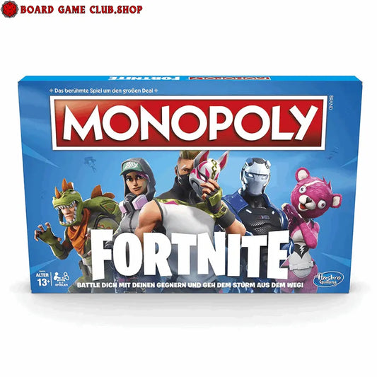Monopoly Fortnite Edition board game box featuring iconic Fortnite characters for family game night