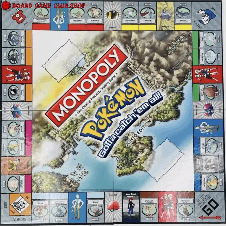 Monopoly Pokemon Johto Edition game board featuring vibrant artwork and player tokens