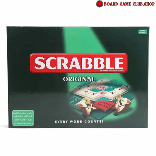 Scrabble Original board game box featuring colorful tiles and the game's logo with the tagline Every Word Counts