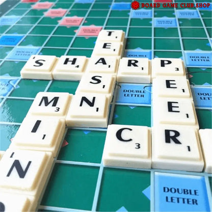 Scrabble Original board game close-up with letter tiles arranged on the game grid