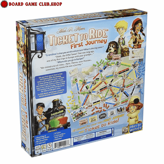 Ticket To Ride First Journey Board Game Europe box featuring colorful art and game play summary
