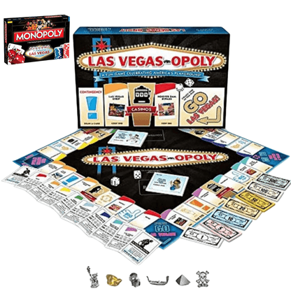 Monopoly Diced Variety Edition board game in box featuring Las Vegas theme with game pieces and cards spread out