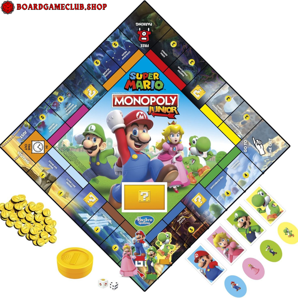 Monopoly Junior Super Mario board game featuring Mario characters and colorful game pieces