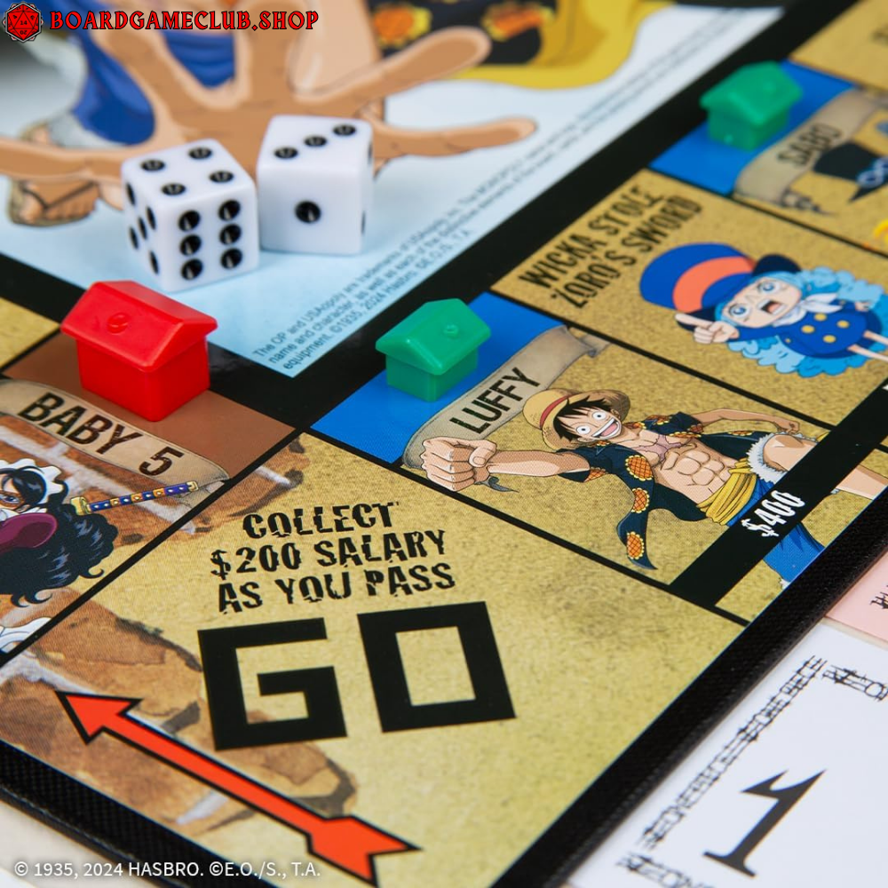 Monopoly One Piece Edition board with game pieces and dice on the GO space featuring Luffy