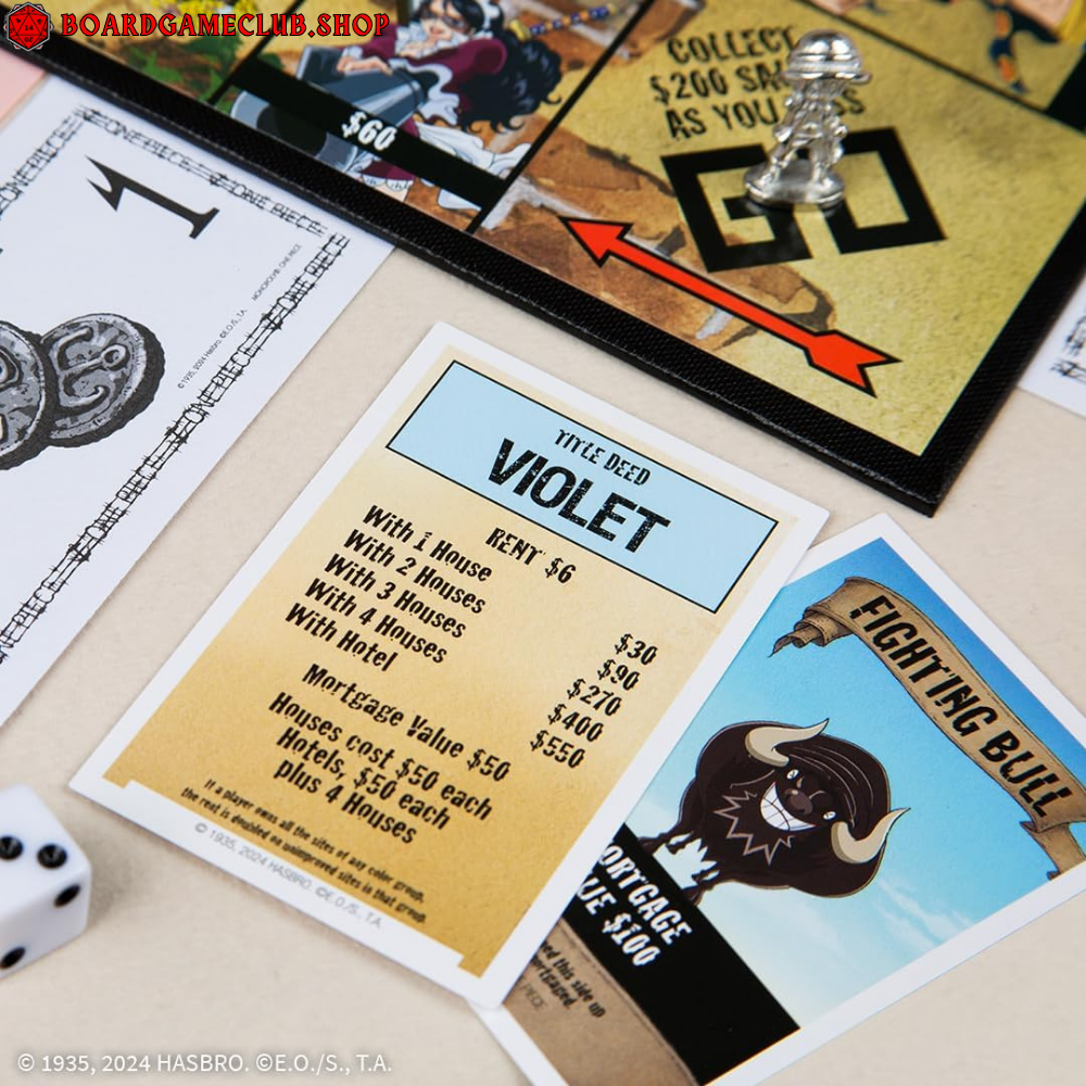 Monopoly One Piece Edition game components including property cards and game pieces on the board