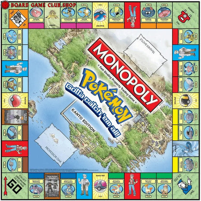Monopoly Pokemon Kanto Edition game board featuring Kanto map and iconic Pokemon characters