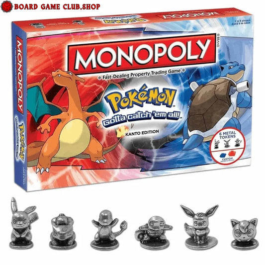 Monopoly Pokemon Kanto Edition board game box with Charizard and Blastoise artwork and six metal tokens