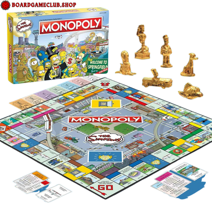 Monopoly The Simpsons Board Game featuring game pieces, board, and box set in Springfield theme