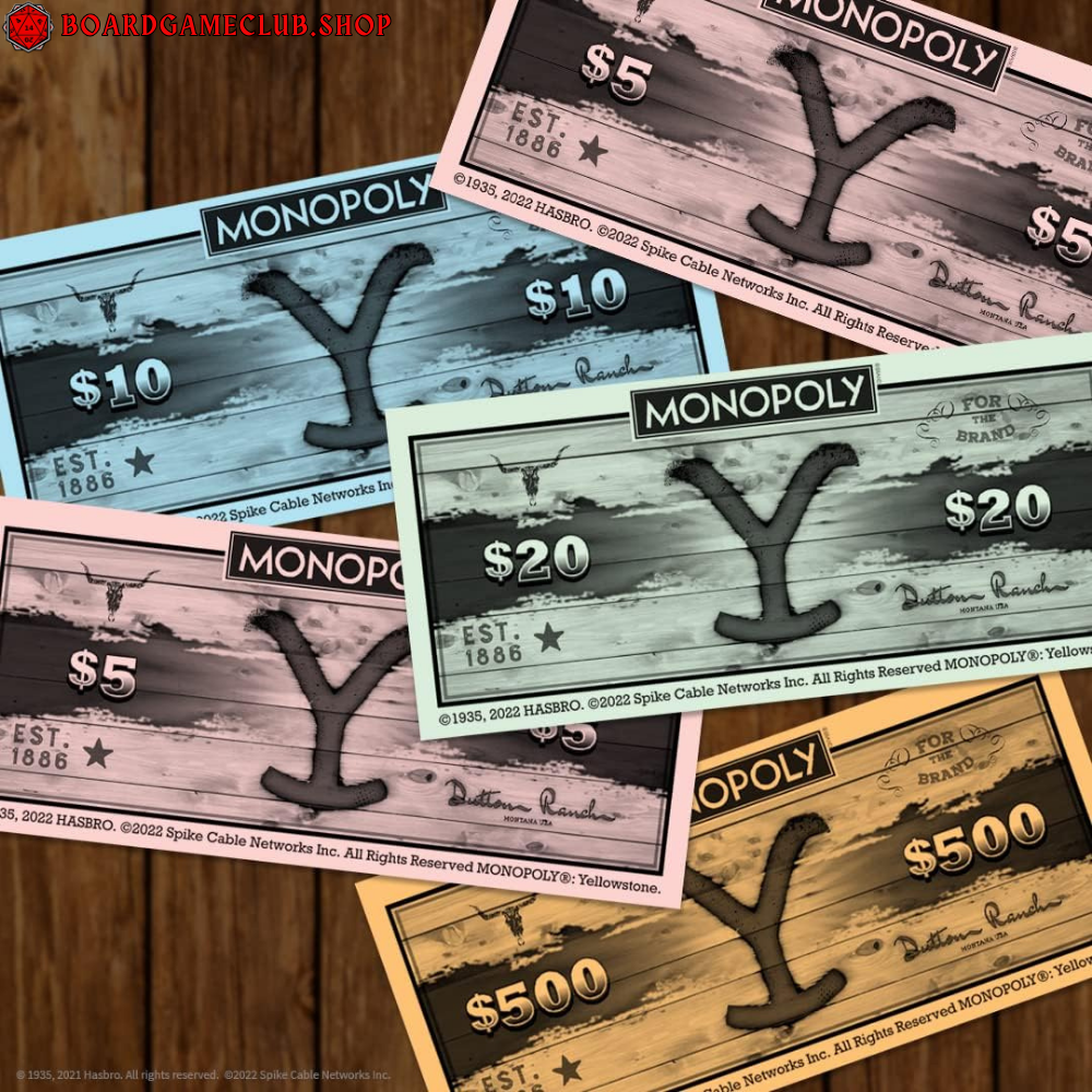 Monopoly Yellowstone themed game money in various denominations featuring colorful designs
