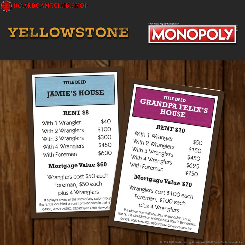 Monopoly Yellowstone title deed cards featuring Jamie's House and Grandpa Felix's House with rental values