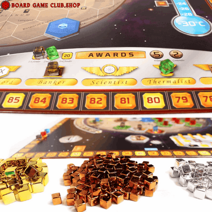 Terraforming Mars Board Game components including resource cubes and game board with awards track