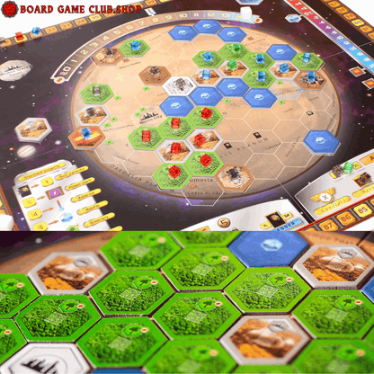 Terraforming Mars Board Game featuring detailed hexagonal game board and resource tiles for strategic play