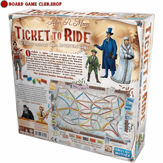 Ticket to Ride Board Game back cover featuring game components and illustrations for adventurous gameplay