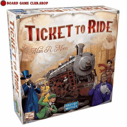 Ticket to Ride Board Game box featuring a vintage train and colorful characters for strategic gameplay