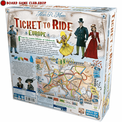 Back cover of Ticket to Ride Europe Board Game showing map, components, and character illustrations