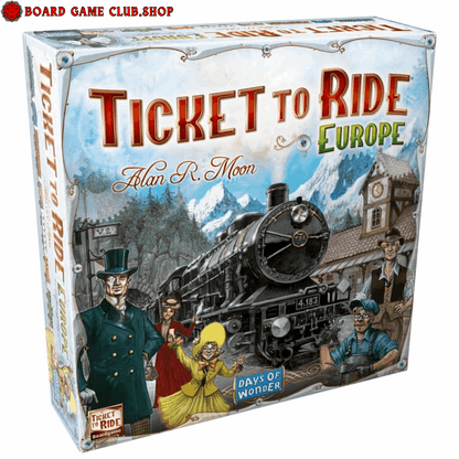 Ticket to Ride Europe Board Game with colorful box art featuring trains and iconic characters