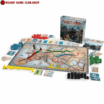 Ticket to Ride Europe Board Game featuring a large game board, colorful train pieces, and player cards