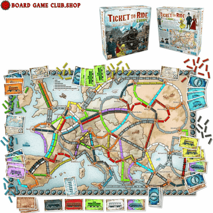 Ticket to Ride Europe Board Game with colorful train routes and destination cards on a map of Europe