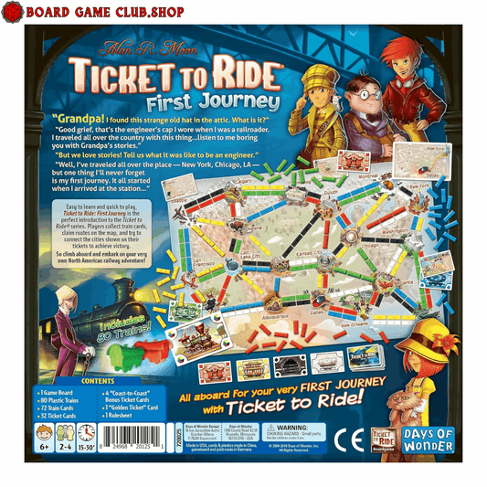 Ticket To Ride First Journey Board Game back cover with colorful map and character illustrations